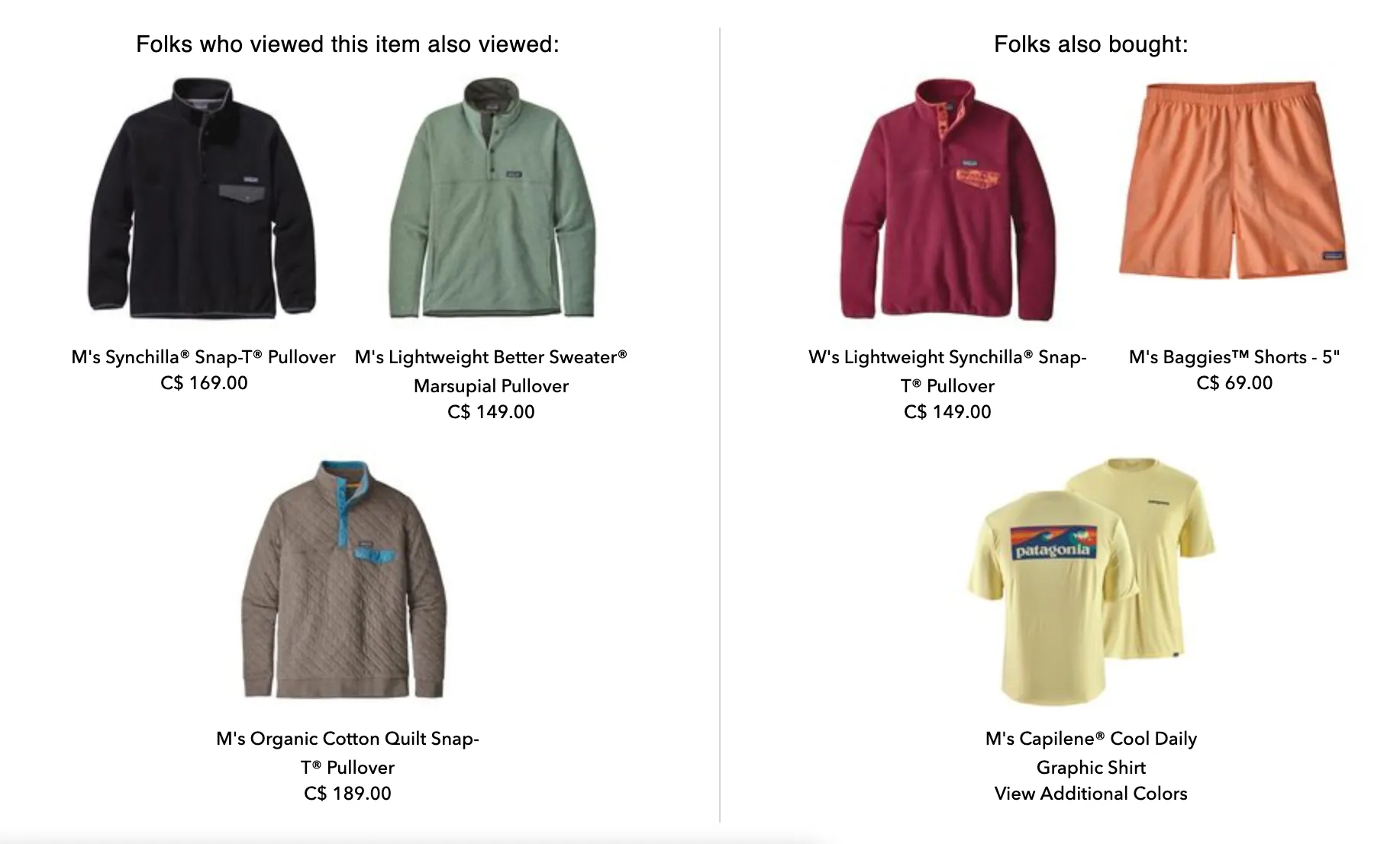 Product recommendations in the Patagonia UX and UI