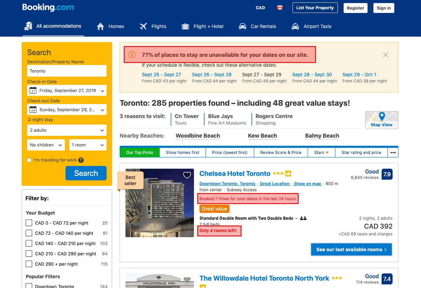 booking.com search result UI with scarcity